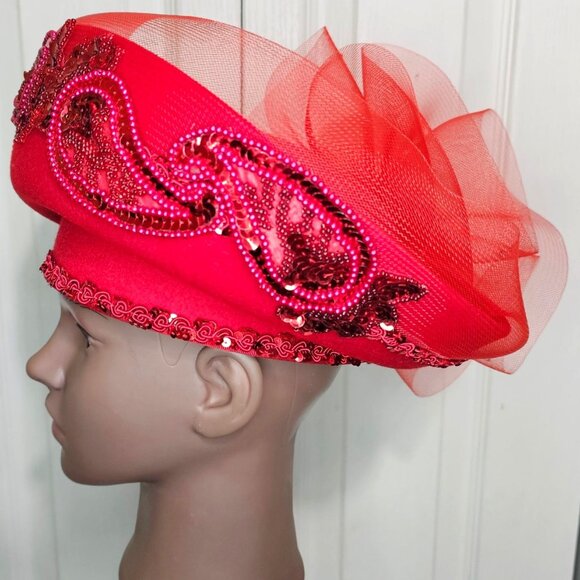 Mr Hi's Vintage Red Church Hat Wool Derby Beads Sequin Tulle Bow Formal USA - Picture 4 of 10